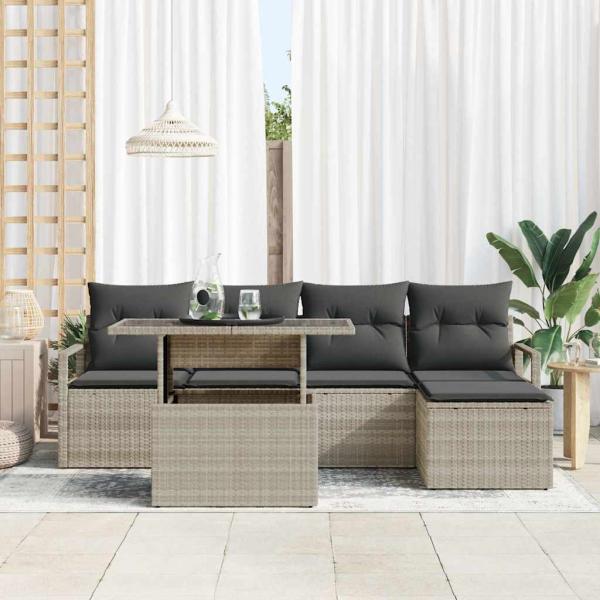 6-teiliges Garten-Sofa-Set mit Kissen Hellgrau Poly-Rattan, 2-Sitzer Garten-Sofa mit Stauraum & Kissen Grau Poly-Rattan