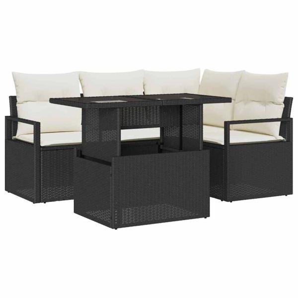 5-teiliges Garten Sofa Set mit Kissen Schwarz Poly Rattan, 2-Sitzer Garten Sofa mit Stauraum & Kissen Schwarz Poly Rattan