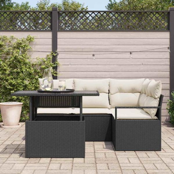 5-teiliges Garten Sofa Set mit Kissen Schwarz Poly Rattan, 2-Sitzer Garten Sofa mit Stauraum & Kissen Schwarz Poly Rattan