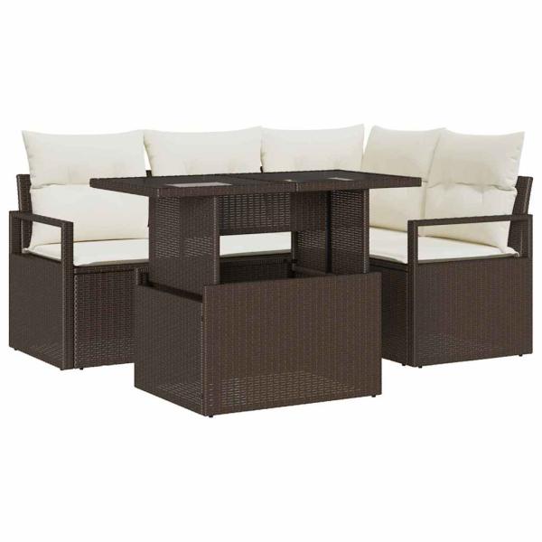 5-teiliges Garten-Sofa-Set mit Kissen Braun Poly-Rattan, 2-Sitzer Garten-Sofa mit Stauraum & Kissen Braun Poly-Rattan