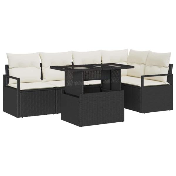 6-teiliges Garten Sofa Set mit Kissen Schwarz Poly Rattan, 2-Sitzer Garten Sofa mit Stauraum & Kissen Schwarz Poly Rattan