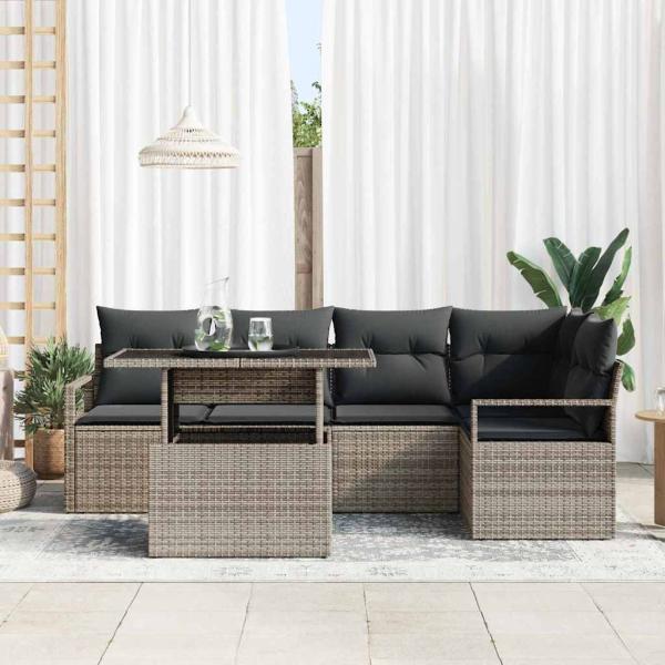 6-teilige Garten Sofa Set mit Kissen Grau Poly Rattan, 2-Sitzer Garten Sofa mit Stauraum & Kissen Grau Poly Rattan