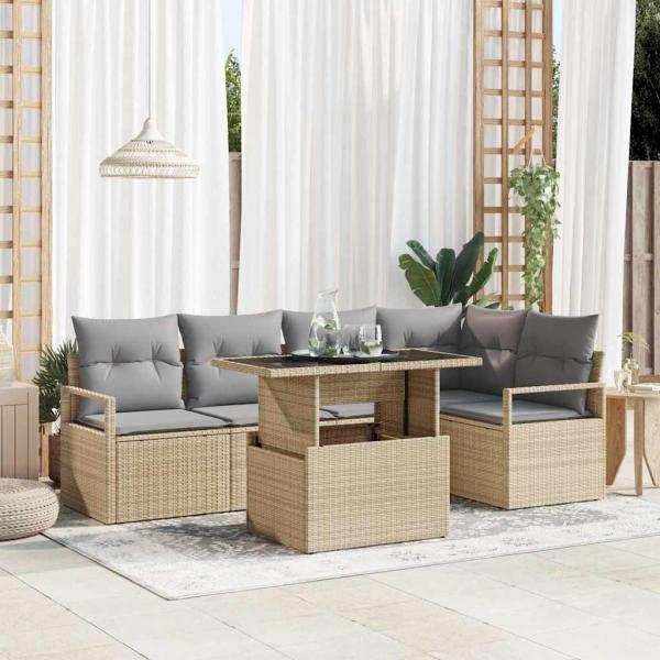 ARDEBO.de - 6-teiliges Garten-Sofa-Set mit Kissen Beige Poly Rattan, 2-Sitzer Garten Sofa mit Stauraum & Kissen Beige Poly Rattan