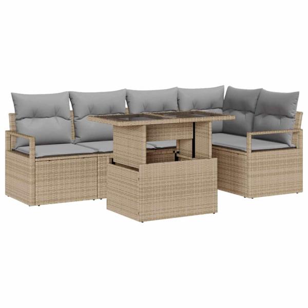 6-teiliges Garten-Sofa-Set mit Kissen Beige Poly Rattan, 2-Sitzer Garten Sofa mit Stauraum & Kissen Beige Poly Rattan
