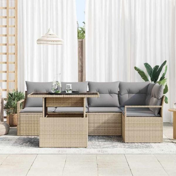 6-teiliges Garten-Sofa-Set mit Kissen Beige Poly Rattan, 2-Sitzer Garten Sofa mit Stauraum & Kissen Beige Poly Rattan