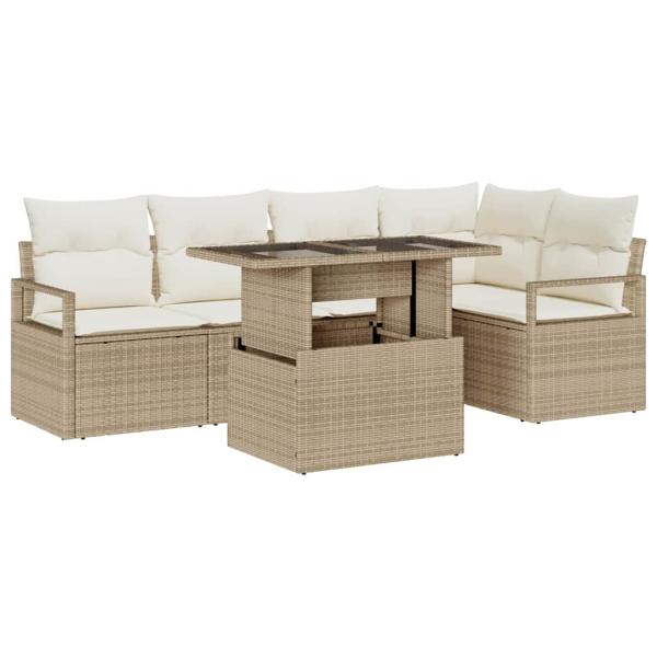 6-teiliges Garten-Sofaset mit Kissen Beige Poly Rattan, 2-Sitzer Garten-Sofa mit Stauraum & Kissen Beige Poly Rattan