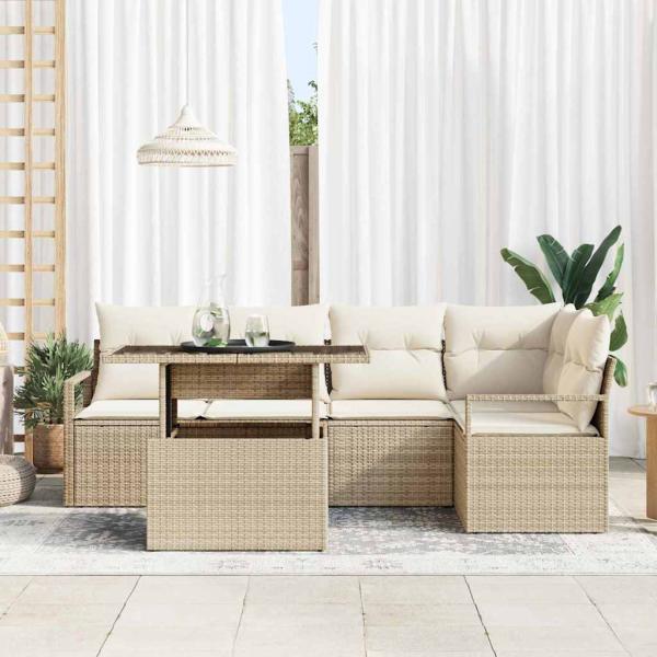 6-teiliges Garten-Sofaset mit Kissen Beige Poly Rattan, 2-Sitzer Garten-Sofa mit Stauraum & Kissen Beige Poly Rattan