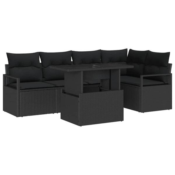6-teiliges Garten Sofa Set mit Kissen Schwarz Poly Rattan, 2-Sitzer Garten Sofa mit Stauraum & Kissen Schwarz Poly Rattan