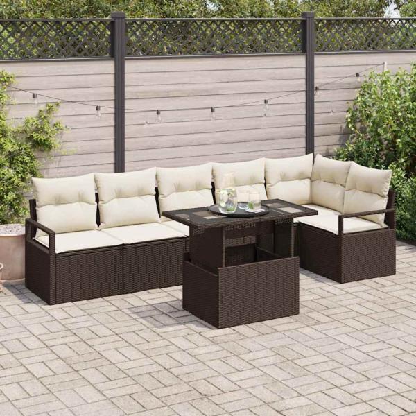 ARDEBO.de - 7-teilige Garten-Sofa-Set mit Kissen Braun Poly Rattan, 2-Sitzer Garten-Sofa mit Stauraum & Kissen Braun Poly Rattan