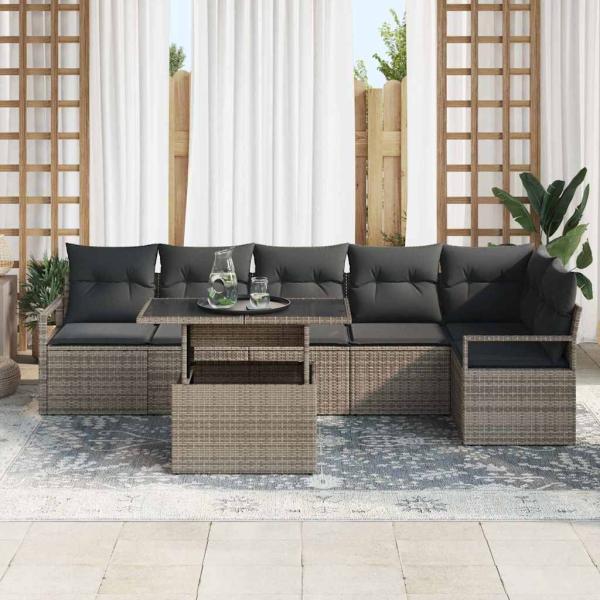 7-teiliges Garten-Sofa-Set mit Kissen Grau Poly-Rattan, 2-Sitzer Garten-Sofa mit Stauraum & Kissen Grau Poly-Rattan