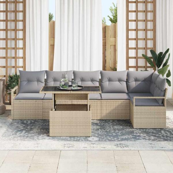 7-teiliges Garten Sofa Set mit Kissen Beige Poly Rattan, 2-Sitzer Garten Sofa mit Stauraum und Kissen Beige Poly Rattan