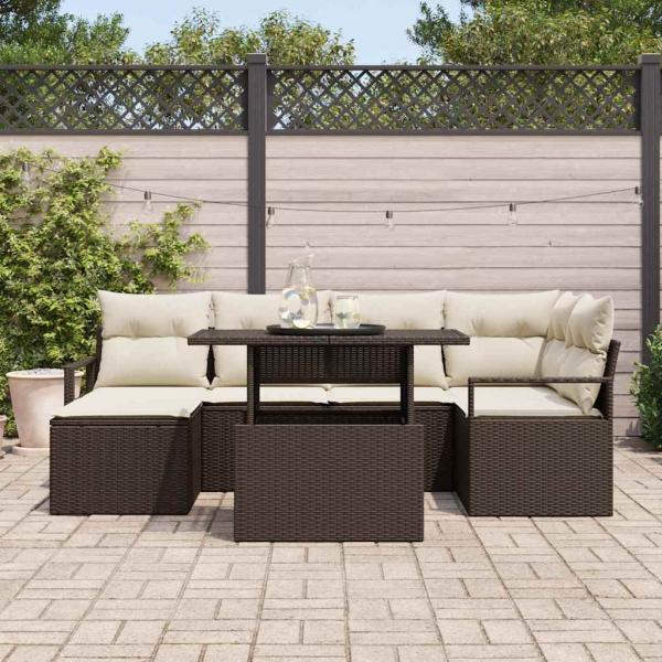 7-teilige Garten Sofa Set mit Kissen Braun Poly Rattan, 2-Sitzer Garten Sofa mit Stauraum & Kissen Braun Poly Rattan