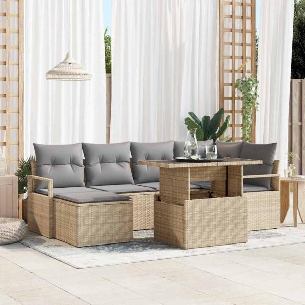 ARDEBO.de - 7-teiliges Garten Sofa Set mit Kissen Beige Poly Rattan, 2-Sitzer Garten Sofa mit Stauraum & Kissen Beige Poly Rattan