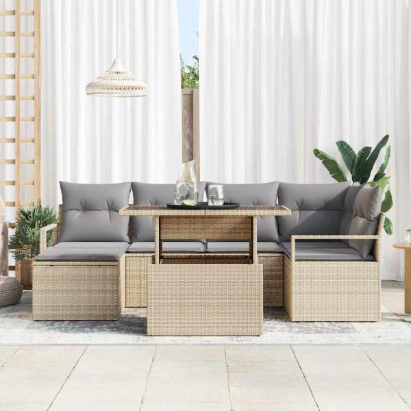 7-teiliges Garten Sofa Set mit Kissen Beige Poly Rattan, 2-Sitzer Garten Sofa mit Stauraum & Kissen Beige Poly Rattan