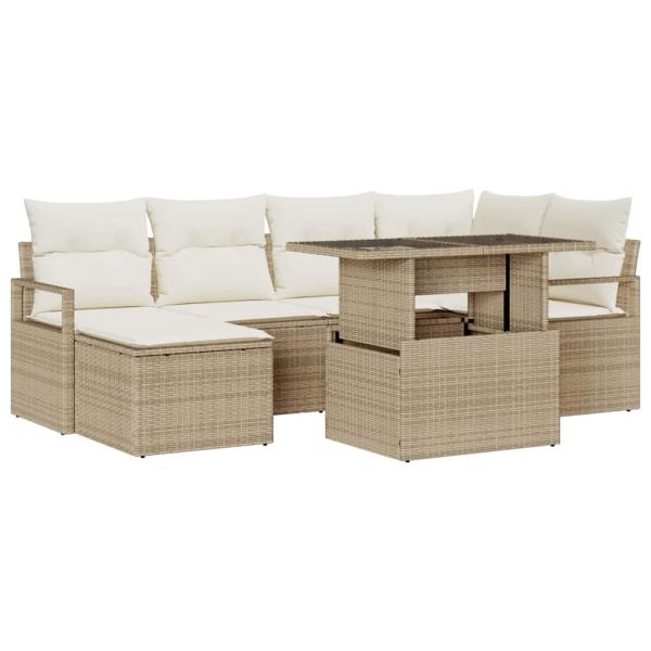 7-teiliges Garten Sofa Set mit Kissen Beige Poly Rattan, 2-Sitzer Garten Sofa mit Stauraum & Kissen Beige Poly Rattan