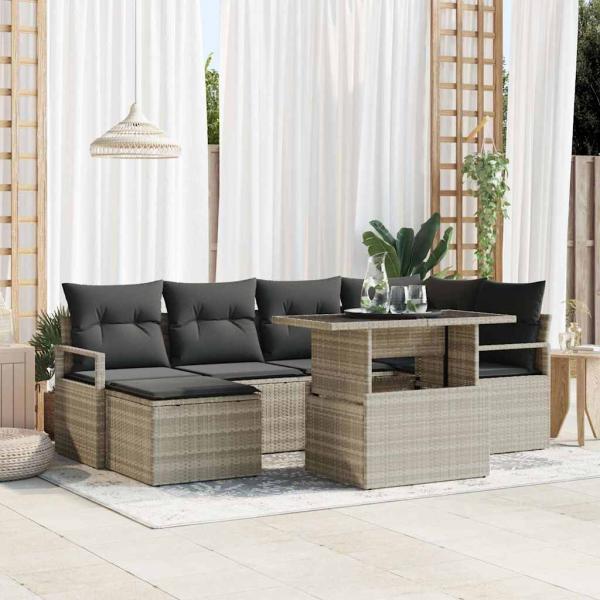 ARDEBO.de - 7-teilige Garten-Sofa-Set mit Kissen, hellgrau, Poly-Rattan, 2-Sitzer Garten-Sofa mit Stauraum & Kissen, grau, Poly-Rattan