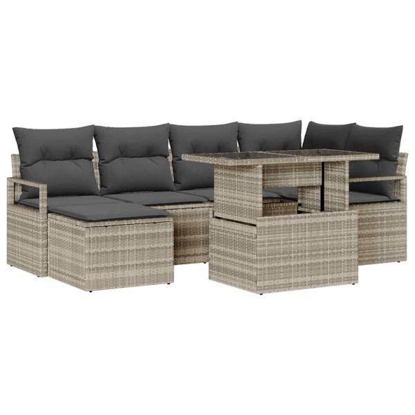 7-teilige Garten-Sofa-Set mit Kissen, hellgrau, Poly-Rattan, 2-Sitzer Garten-Sofa mit Stauraum & Kissen, grau, Poly-Rattan