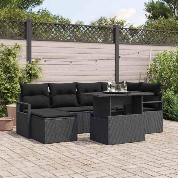 ARDEBO.de - 7-teiliges Garten Sofa Set mit Kissen Schwarz Poly Rattan, 2-Sitzer Garten Sofa mit Stauraum & Kissen Schwarz Poly Rattan