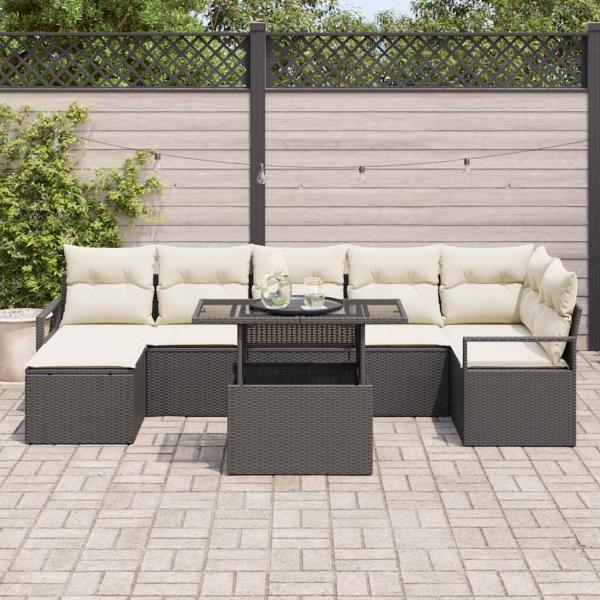 8-teiliges Garten Sofa Set mit Kissen Schwarz Poly Rattan, 2-Sitzer Garten Sofa mit Stauraum & Kissen Schwarz Poly Rattan