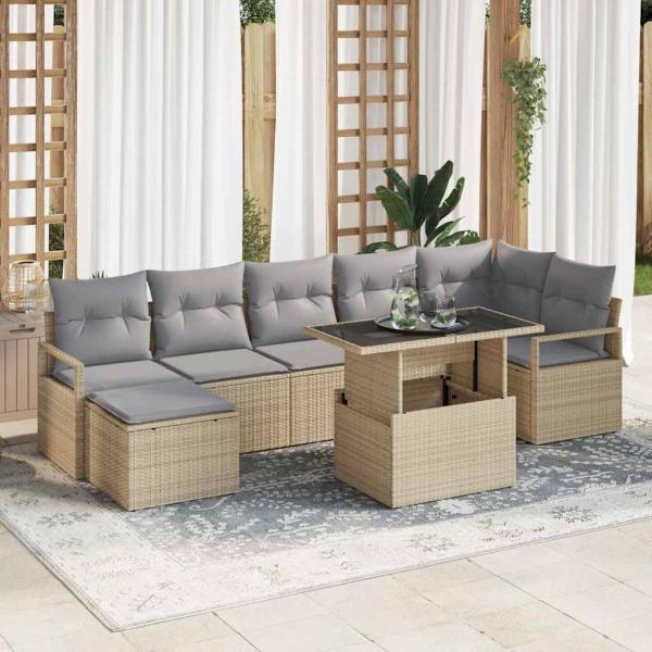ARDEBO.de - 8-teiliges Garten Sofa Set mit Kissen Beige Poly Rattan, 2-Sitzer Garten Sofa mit Stauraum und Kissen Beige Poly Rattan