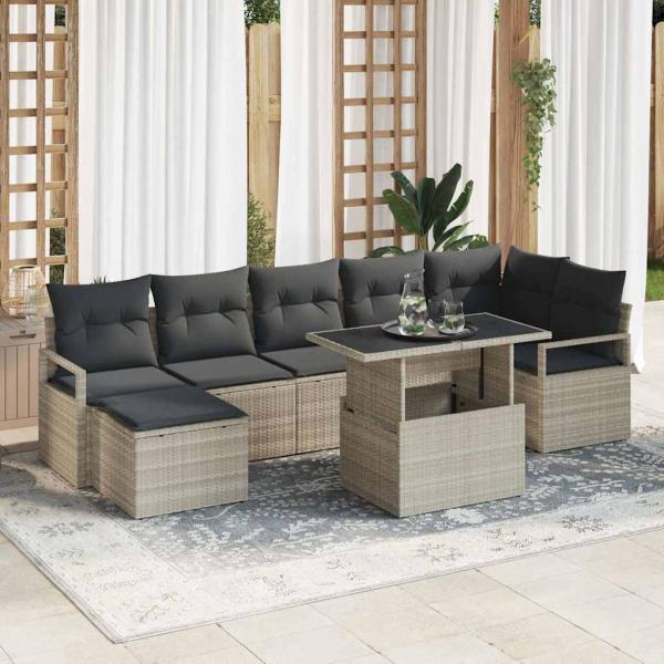 ARDEBO.de - 8-teiliges Garten Sofa Set mit Kissen Hellgrau Poly Rattan, 2-Sitzer Garten Sofa mit Stauraum & Kissen Grau Poly Rattan