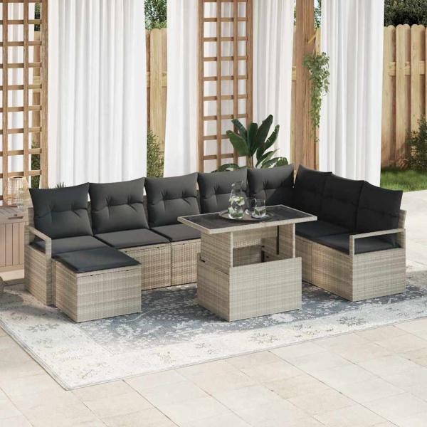ARDEBO.de - 9-teiliges Garten Sofa Set mit Kissen Hellgrau Poly Rattan, 2-Sitzer Garten Sofa mit Stauraum & Kissen Grau Poly Rattan