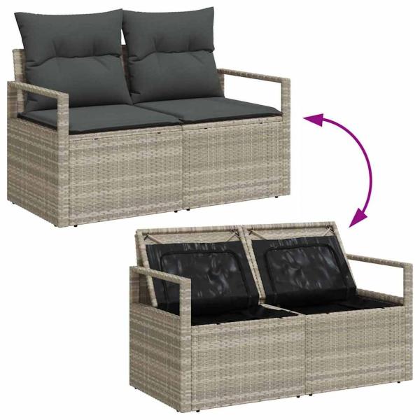 9-teiliges Garten Sofa Set mit Kissen Hellgrau Poly Rattan, 2-Sitzer Garten Sofa mit Stauraum & Kissen Grau Poly Rattan