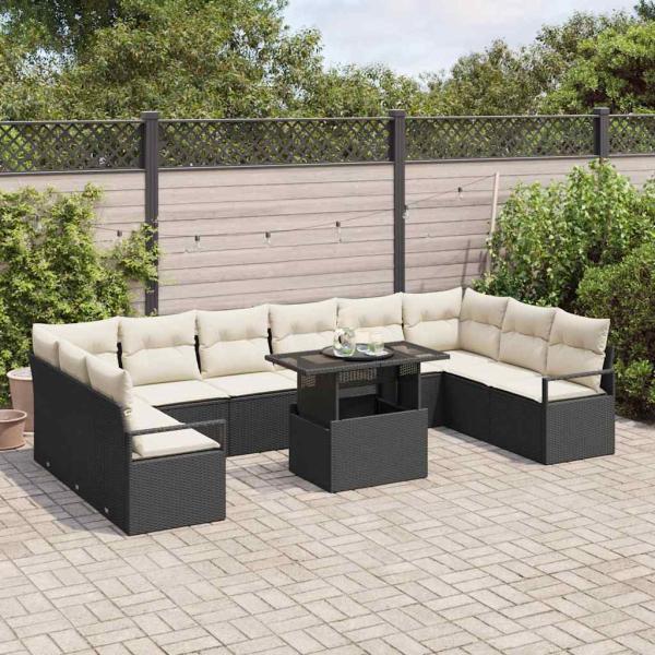 11-teiliges Garten-Sofa-Set mit Kissen Schwarzes Poly-Rattan, 2-Sitzer Garten-Sofa mit Stauraum & Kissen Schwarzes Poly-Rattan