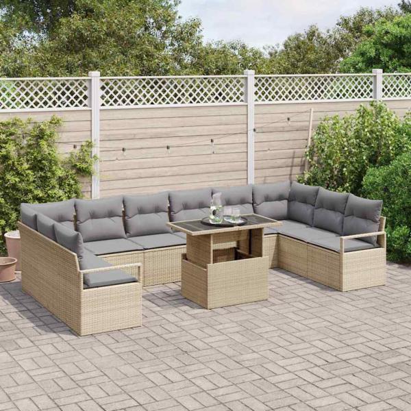 11-teiliges Garten Sofa Set mit Kissen Beige Poly Rattan, 2-sitziges Garten Sofa mit Stauraum & Kissen Beige Poly Rattan