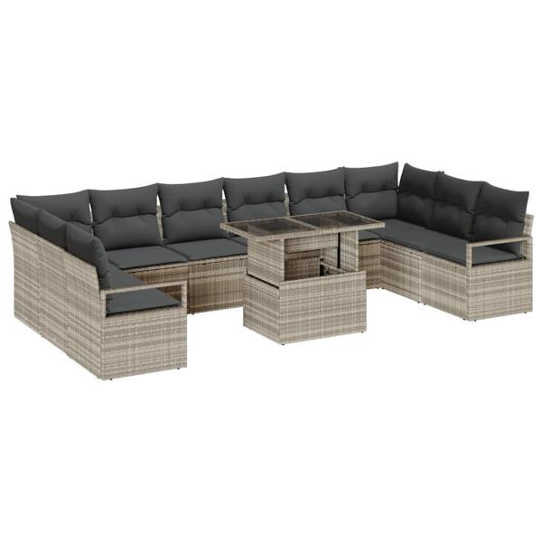 ARDEBO.de - 11-teiliges Garten Sofa Set mit Kissen Hellgrau Poly Rattan, 2-Sitzer Garten Sofa mit Stauraum & Kissen Grau Poly Rattan