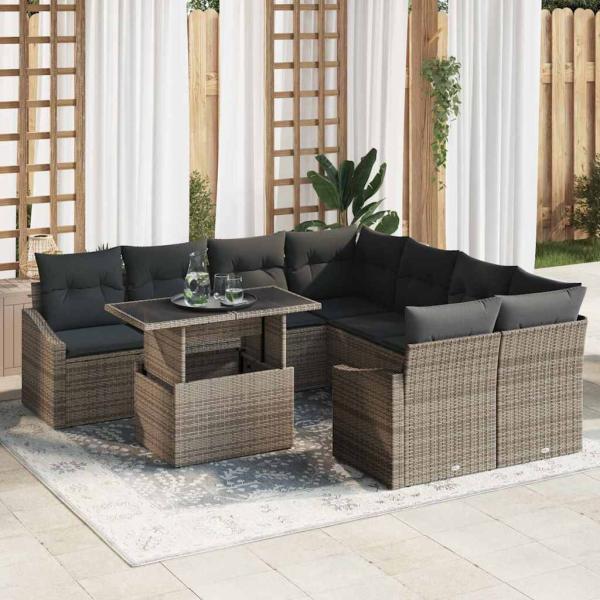 ARDEBO.de - 9-teilige Garten-Sofa Set mit Kissen Grau Poly Rattan