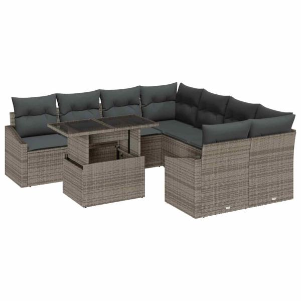 9-teilige Garten-Sofa Set mit Kissen Grau Poly Rattan