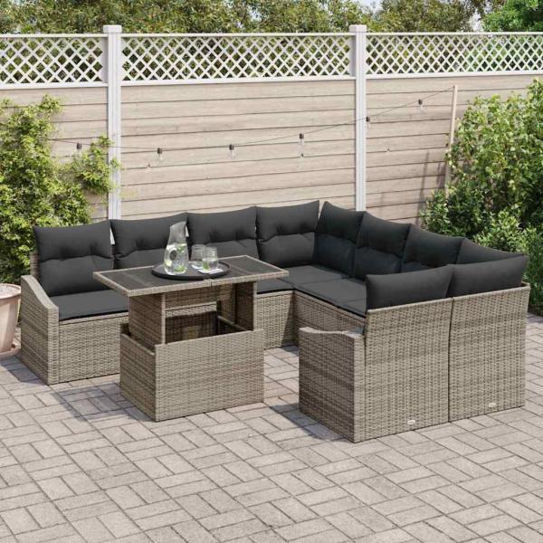 9-teilige Garten-Sofa Set mit Kissen Grau Poly Rattan