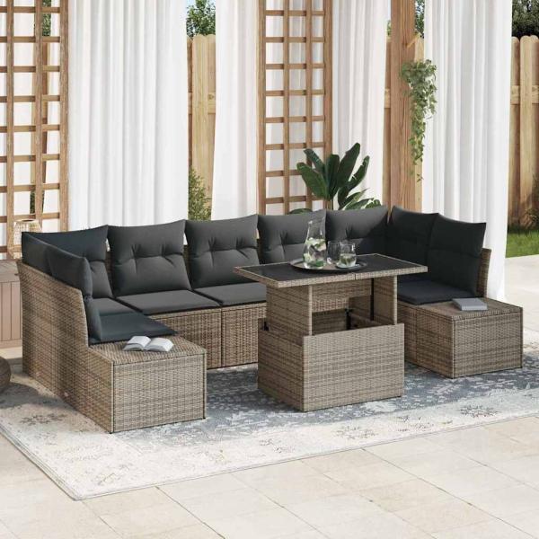 ARDEBO.de - 8-teiliges Gartensofa-Set mit Kissen Grau Poly Rattan