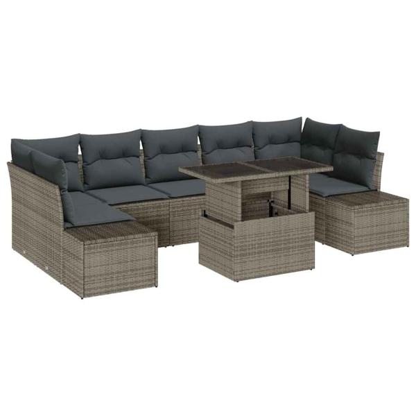 8-teiliges Gartensofa-Set mit Kissen Grau Poly Rattan