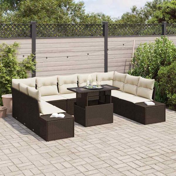 10-teiliges Garten-Sofa-Set mit Kissen Braun Poly Rattan