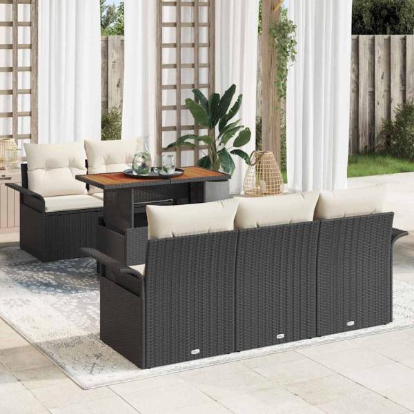 ARDEBO.de - 6-teiliges Garten Sofa Set mit Kissen Schwarz Poly Rattan, 2-Sitzer Garten Sofa mit Stauraum & Kissen Schwarz Poly Rattan