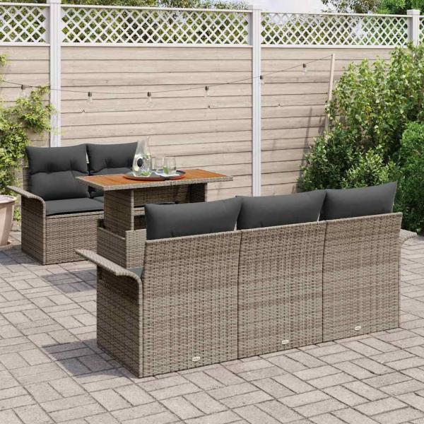 6-teiliges Garten-Sofa-Set mit Kissen grau Poly-Rattan, 2-Sitzer Garten-Sofa mit Stauraum & Kissen grau Poly-Rattan