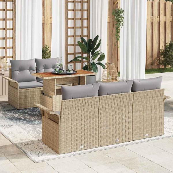 ARDEBO.de - 6-teiliges Garten Sofa Set mit Kissen Beige Poly Rattan, 2-Sitzer Garten Sofa mit Stauraum & Kissen Beige Poly Rattan