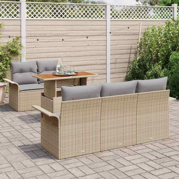 6-teiliges Garten Sofa Set mit Kissen Beige Poly Rattan, 2-Sitzer Garten Sofa mit Stauraum & Kissen Beige Poly Rattan