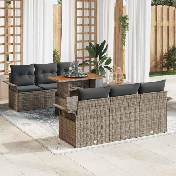 ARDEBO.de - 7-teiliges Garten-Sofa-Set mit Kissen Grau Poly Rattan, 2-Sitzer Garten Sofa mit Stauraum & Kissen Grau Poly Rattan