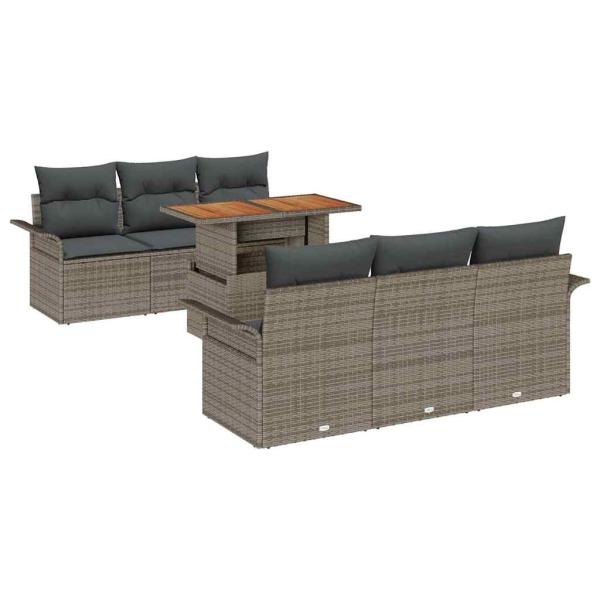 7-teiliges Garten-Sofa-Set mit Kissen Grau Poly Rattan, 2-Sitzer Garten Sofa mit Stauraum & Kissen Grau Poly Rattan