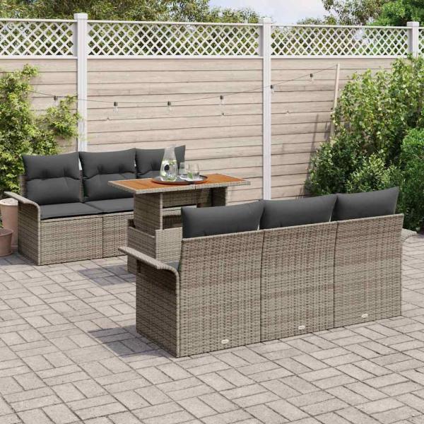 7-teiliges Garten-Sofa-Set mit Kissen Grau Poly Rattan, 2-Sitzer Garten Sofa mit Stauraum & Kissen Grau Poly Rattan