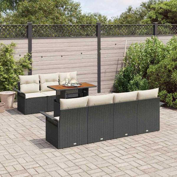 8-teiliges Garten Sofa Set mit Kissen Schwarzes Poly Rattan, 2-Sitzer Garten Sofa mit Stauraum & Kissen Schwarzes Poly Rattan