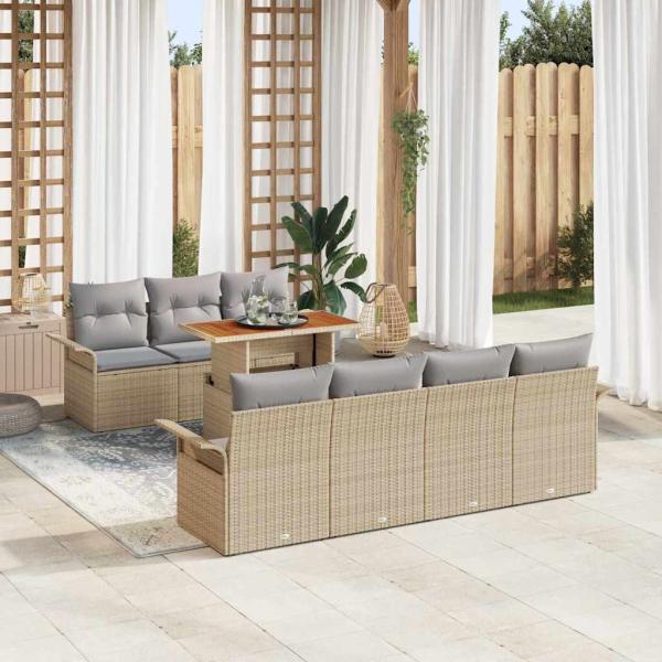 ARDEBO.de - 8-teiliges Garten-Sofa-Set mit Kissen Beige Poly-Rattan, 2-Sitzer Garten-Sofa mit Stauraum & Kissen Beige Poly-Rattan