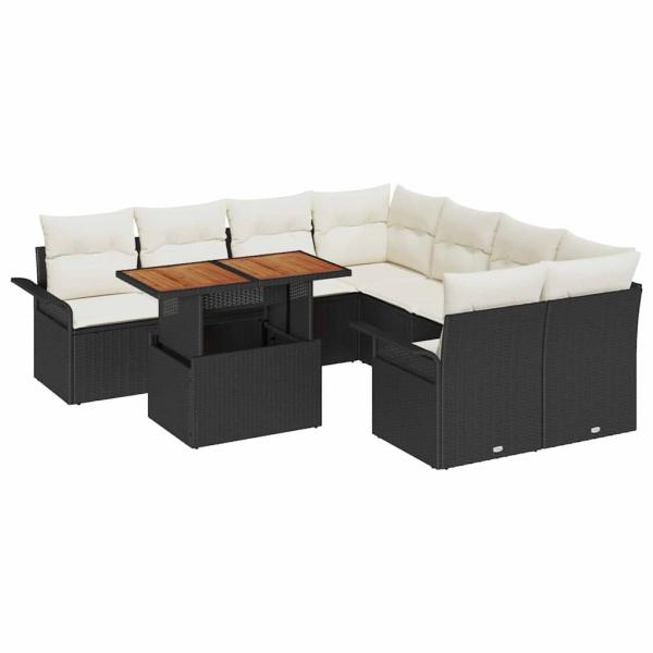 ARDEBO.de - 9-teiliges Garten-Sofa-Set mit Kissen in Schwarz Poly-Rattan, 2-Sitzer Garten-Sofa mit Stauraum & Kissen in Schwarz Poly-Rattan
