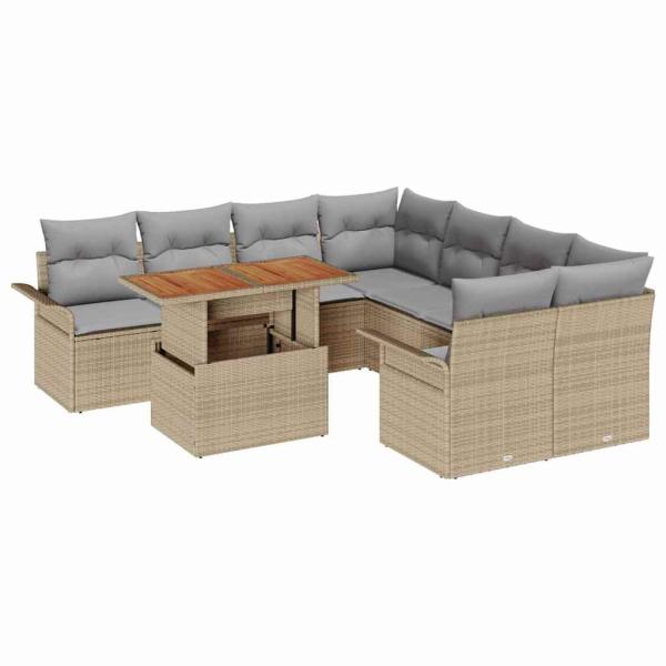 9-teiliges Garten Sofaset mit Kissen in beigem Poly-Rattan, 2-Sitzer Garten Sofa mit Stauraum und Kissen in beigem Poly-Rattan
