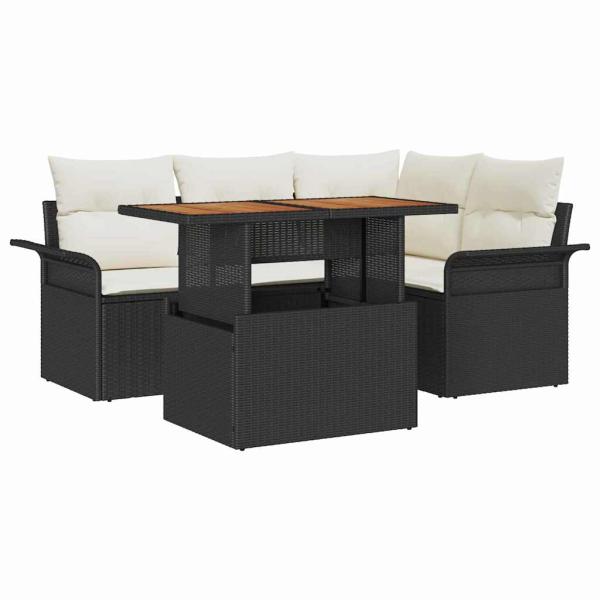 5-teilige Garten-Sofa mit Kissen Schwarz Poly Rattan, 2-Sitzer Garten Sofa mit Stauraum & Kissen Schwarz Poly Rattan