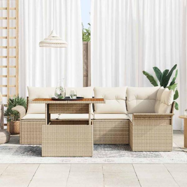 ARDEBO.de - 6-teiliges Garten-Sofa-Set mit Kissen Beiger Poly-Rattan, 2-Sitzer Garten-Sofa mit Stauraum & Kissen Beiger Poly-Rattan
