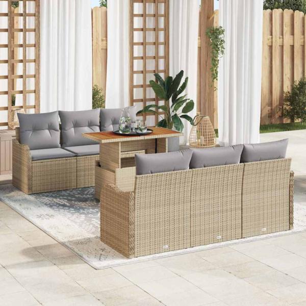 ARDEBO.de - 7-teilige Garten Sofa Set mit Kissen Beige Poly Rattan, 2-Sitzer Garten Sofa mit Stauraum & Kissen Beige Poly Rattan
